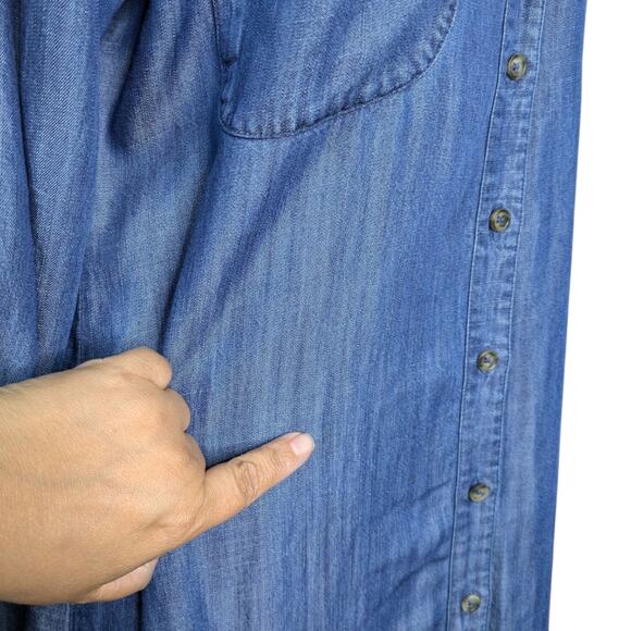 Soft Surroundings Chambray Midi Shirt Dress Medium Blue Belted Roll Tab Tencel - Picture 8 of 11
